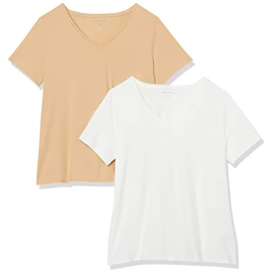 Image of Amazon Essentials Women&#039;s Plus Size Short Sleeve V Neck T Shirt, Pack of 2, White/Light Camel, XL