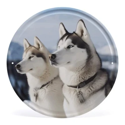 Image of YKUDBN Circular Metal Wall Art, Husky Dogs Print Iron Hanging Vintage Sign Industrial Art Decorative Plate