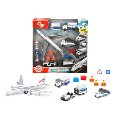 Image of Dickie Airport Playset for Kids with Die Cast Airplane, Ground Support Vehicles and Signs