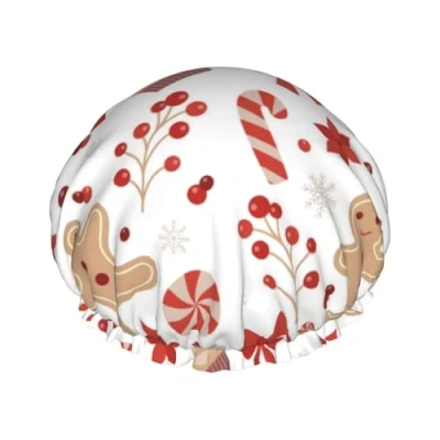 Image of Christmas gingerbread man candy cane pattern red white Reusable Shower Cap Large for Women Waterproof Bath &amp; Bathing Accessories Hair