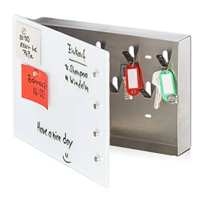 Image of Relaxdays Cabinet, Glass, 20 x 30 cm, Key Box, 6 Magnets, Writable, Memo Board, Steel, White/Silver