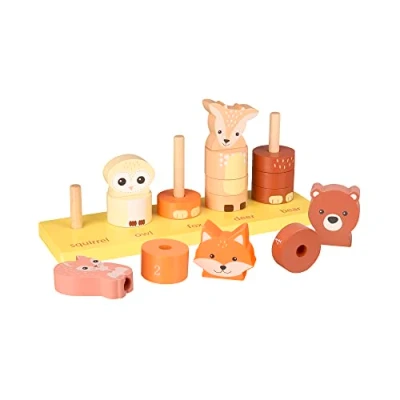 Image of Orange Tree Toys Woodland Animals Counting Stacking Toy Wooden for 1 Year Olds, Animal Rings Educational Montessori Toddler Toys, Early Development &amp; Activity