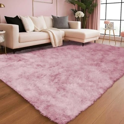 Image of Oxford Homeware Rugs Living Room Large 160x230 cm Tie Dye Pink Lilac Area for Bedroom Non Slip Modern Super Soft Plush Carpets Fluffy Shaggy Rug Lounge Shedding Kids Bedside