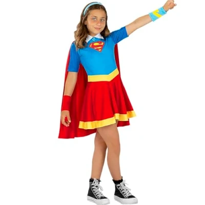 Image of Funidelia Supergirl DC Superhero Girls Costume for girl Superheroes, Comics Costumes kids, accessory fancy dress &amp; props Halloween, carnival parties Size 5 6 years Red
