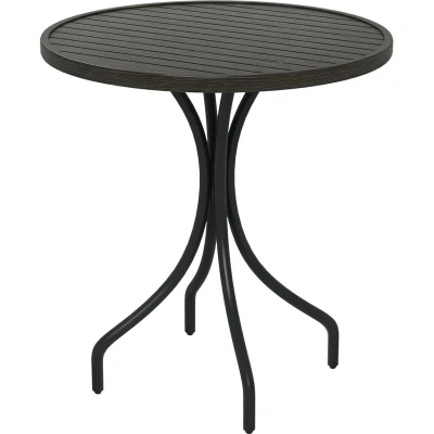 Image of Outsunny Φ66cm Garden Side Table, Round Bistro Coffee Outdoor Patio Table with Steel Frame and Slat Tabletop for Balcony Porch, Grey Wood Grain