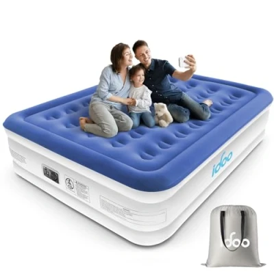 Image of iDOO King Inflatable Air Mattress, Bed with Built in Electric Pump, Double Airbed Storage Bag, Self Inflating Blow Up Camping for Adults, Portable Guest Home 203x152x46cm, Blue