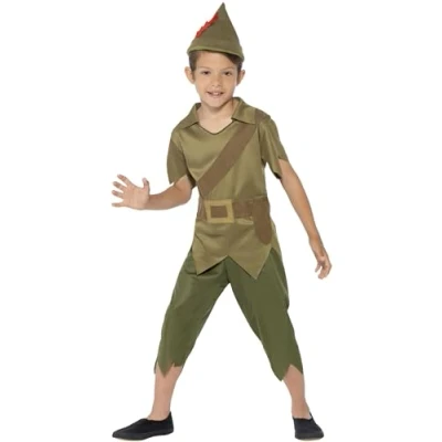 Image of Smiffys Robin Hood Costume, Green with Hat, Top &amp; Trousers, Boys Fancy Dress, Storybook Character Dress Up Costumes