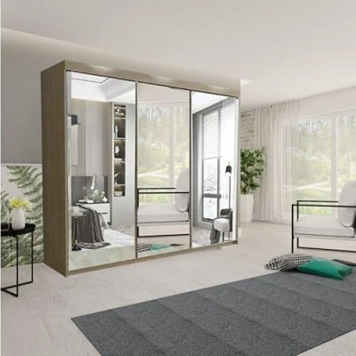 Image of A.C. Milan German Modern Double Mirror sliding door wardrobe with LED Light Width 100cm/120cm/150cm/180cm/203cm/250cm (Oak, 250 CM)