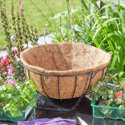 Image of Garden Mile® Various Sizes Artificial Hanging Baskets Floral Decorative Ornamental Outdoor Indoor Wall Mounted Chain Planter Basket Green Jute Wire Coco Liner (16&quot; Bowl Liner)