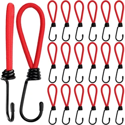 Image of BELLE VOUS 20 Pack Red Elastic Bungee Expander Cord Ties with Metal Hooks 15cm/5.90 inches Heavy Duty Strap Loops for Tarpaulin, Camping and Canopy Tents
