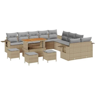 Image of vidaXL 14 Piece Garden Sofa Set with Cushions Beige Poly Rattan Acacia