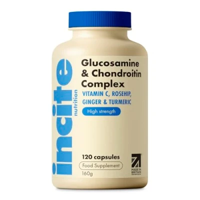 Image of Glucosamine and Chondroitin High Strength Complex with MSM, Vitamin C, Ginger, Rosehip &amp; Turmeric 120 Premium Capsules Joint Care Supplements Made in The UK by Incite Nutrition