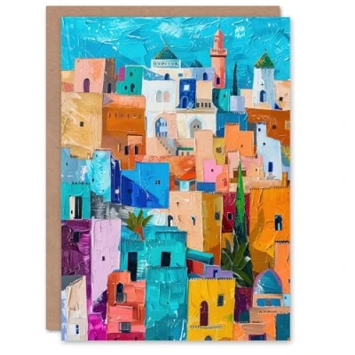 Image of Artery8 Quirky Morocco Cityscape Oil Painting Colourful Greeting Birthday Card Him Her All Blank