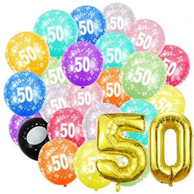 Image of 50th Birthday Balloons,Gold Number 50 Balloon and 20pcs 12&quot; Multicoloured Numbers Printed Latex Age Balloons,Birthday Balloons for Women Men Decorations,50th Anniversary Party Supplies