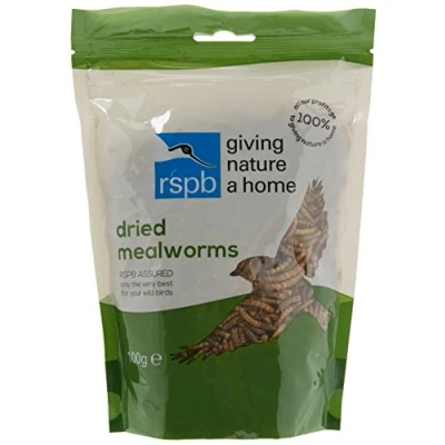 Image of RSPB Dried Mealworms 100g Wild bird Food, supporting Charity, meal worm, Re sealable &amp; recyclable pouches, for use in Garden outdoors. Perfect Feeders, ground feeders tables