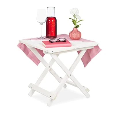 Image of Relaxdays Wooden Folding Table, Balcony &amp; Terrace or Camping, Portable, Stable, Side Tray HWD: 50x50x50 cm, White, Wood, 1 piece