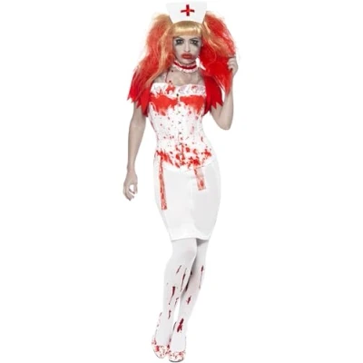 Image of Smiffys Blood Drip Nurse Costume, White Skirt, Corset, Bolero Jacket, Choker and Headpiece, Halloween Zombie Alley Fancy Dress, Adult Dress Up Costumes
