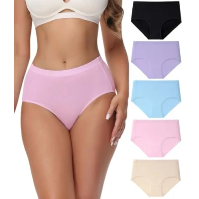 Image of wirarpa Underwear Women Mid High Waist Knickers Comfortable Ladies Cotton Pants Full Briefs 5 Pack Black Light Purple Blue Pink Beige Size Medium
