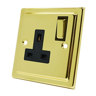 Image of Victorian Polished Brass 1 Gang Socket Black Insert Metal Rocker Switch 13 Amp Single Electrical Plug