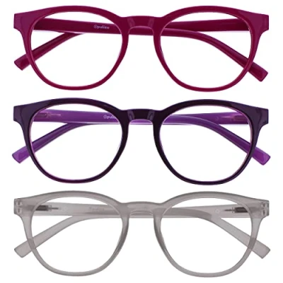 Image of OPULIZE Blu Blue Light Blocking Glasses 3 Pack Cool Round Frame Spring Hinges Improve Sleep Computer Gaming Anti Reflective Pink Purple Ice Mens Womens BBB5 45C +0.00