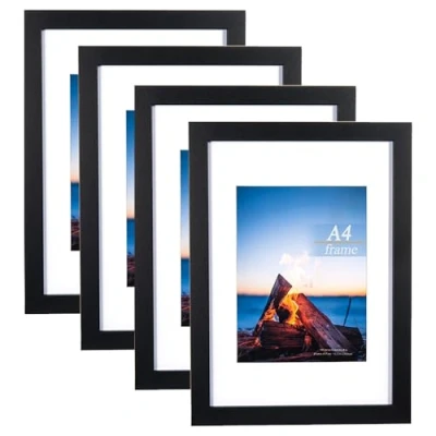 Image of A4 Frame 4 Pack,Black Wooden Picture with Mount,A4 Frame,A4 Poster certificate frame,Freestanding and Wall Mountable,black frames