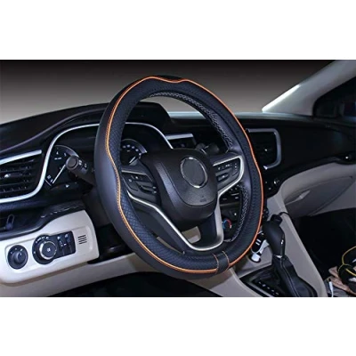 Image of Istn Microfiber Leather Car Steering Wheel Cover Universal 15 inch/38cm Breathable Anti slip Protector for Auto/SUV (Black Orange)
