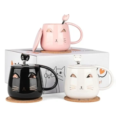 Image of Cat Mugs Set of 3 Cute Ceramic with Lid Spoon and Coaster Coffee Mug for Women Kids Lovers 13oz/380ml Christmas Birthday Gift (Black White Pink)