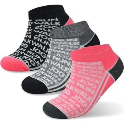Image of Towelogy 3 Pack Womens Running Ankle Socks Cushioned Anti Blister Low Cut Ladies Athletic Trainer Size 4 7 (UK, Numeric, 4, 8, Regular, Black/Pink Multi)