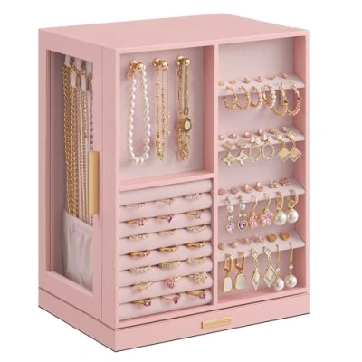 Image of SONGMICS Jewellery Box 360 Rotating, Organiser with 5 Drawers, Display Case, Glass Window, Spacious, Vertical Storage, Open Design, Great Gift, Jelly Pink JBC170R01