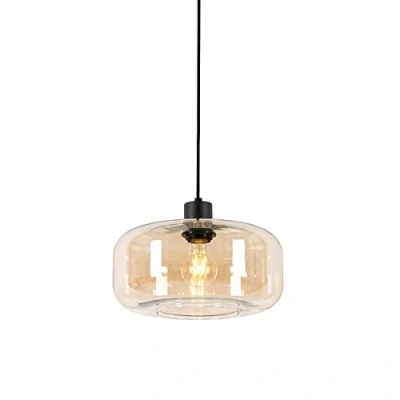 Image of Qazqa Art Deco Pendant Lamp I Light Ceiling Black with Amber Glass Bizle Suitable for LED E27 1 Living Room Kitchen