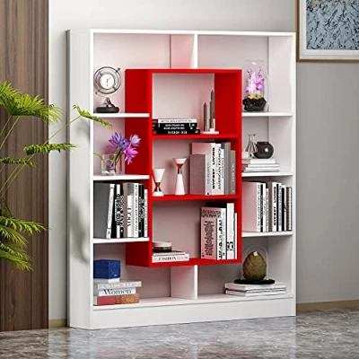 Image of HOMIDEA VENUS Bookcase room Divider Free Standing Shelving Unit for living or office in a modern design (White/Red)