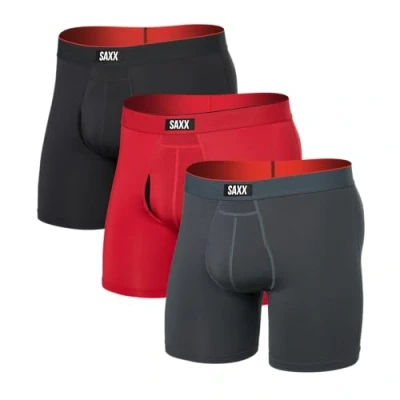 Image of Saxx Mens Multi Sport Mesh Boxer Brief Fly 3 Pack XL RED/TURBULENCE/BLK