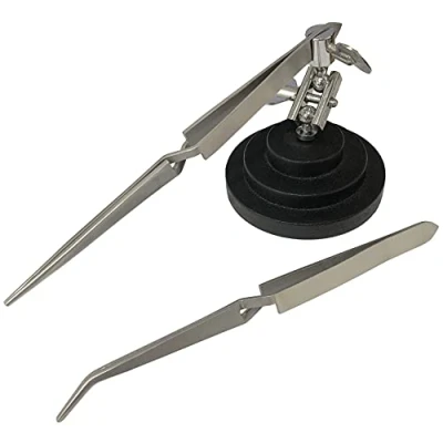Image of Jewellers Tools 3rd Hand Base Vice &amp; Straight Curved Steel Tweezer : Adjustable Tweezers Soldering Craft Watch Tool (310)