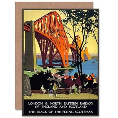 Image of Wee Blue Coo RAIL FLYING SCOTSMAN FORTH BRIDGE LNER UK BLANK GREETINGS CARD