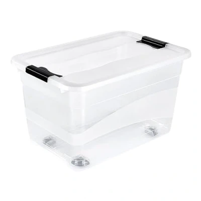 Image of keeeper Crystalbox with Caster Wheels and Lid, Sliding Closure, 59.5 x 39.5 35 cm, 52 Litre, Konrad, Transparent