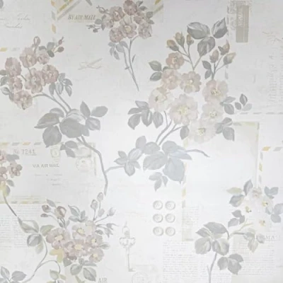 Image of SOPHIE LAURENCE Cream Beige Floral Wallpaper with Vintage Postcards, Stamps, Words, Buttons, and Keys Design Art Deco, Paste The Paper, Wet Removable, 10.05m x 0.53m