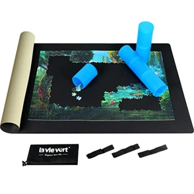 Image of Lavievert 2mm Thick Neoprene Double Sided Black &amp; Khaki Jigsaw Puzzle Roll Mat Storage Saver with Nonwoven Bag Plastic Cylinder, for up to 1500 pcs
