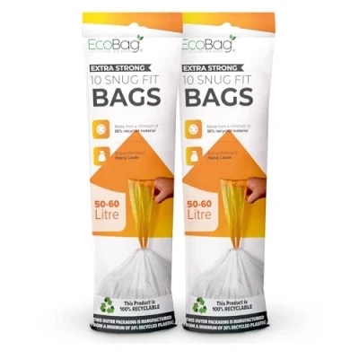 Image of EcoBag 20 Pack White Kitchen Drawstring Bin Liner 50 60L 28 Microns Heavy Duty, Extra Strong, Brabantia Compatible, Eco Friendly, Tear Resistant, Clear Recycling Bags (620 x 810mm)