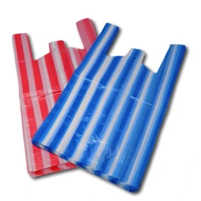 Image of Efforias Candy Stripe Plastic Vest Carrier Shopping Bags (Mixed (100 Red &amp; 100 Blue), Medium 10&quot; X 15&quot; 18&quot;)