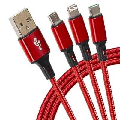 Image of Maplin USB A to 3 in 1 Multi Charging Cable C &amp; Lightning Micro B Braided 1.2m Red, for iPhone 15,14,13,12,11, iPad, Android phones Samsung S7/S6/S5, Sony, Huawei, PS4, HTC, Kindle, Camera