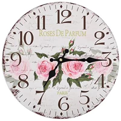 Image of vidaXL Vintage Multicoloured Flower Themed Wall Clock, Retro Style Large Dial 30 cm Diameter, Sturdy MDF Material, Easy to Install, Teardrop Battery Operated Clock.