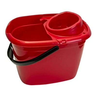 Image of Abbey Plastic Mop Bucket with Wringer 12 Litre Floor for General and Small Area Cleaning Colour Coded Side Lip Easy Pouring Red