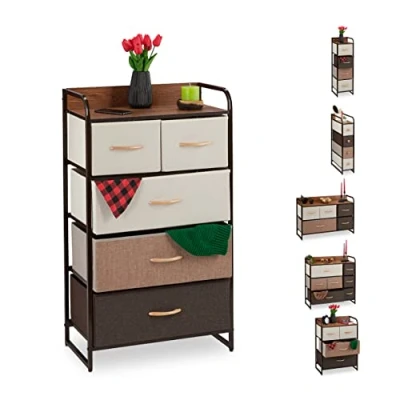 Image of Dresser, 5 Drawer Compartments, with Shelf, Folding Baskets, Fabric, Steel Frame, 100x58x31.5 cm, Brown Relaxdays