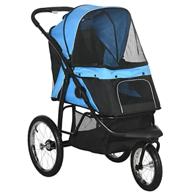 Image of PawHut Dog Pram Stroller Jogger Foldable Pet Pushchair for Medium, Small Dogs, w/Rubber Wheels, Washable Cushion Blue