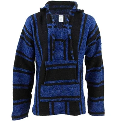Image of Siesta Mexican Baja Jerga Blue and Black Hooded Hippie top (XXL)