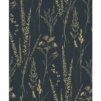 Image of Grandeco Halm Grass &amp; Flower Sprigs Blown Vinyl Wallpaper, Black Gold