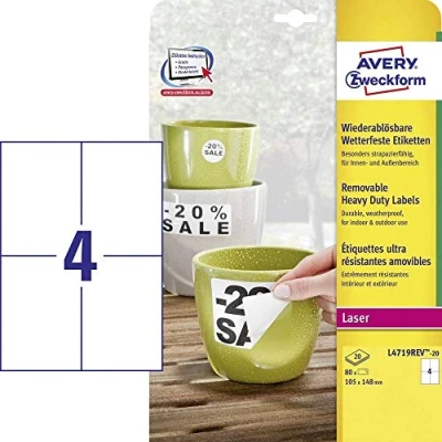 Image of AVERY Zweckform L4719REV 20 Weatherproof Foil Labels, Removable (105 x 148 mm on DIN A4, Self Adhesive, Printable Outdoor Adhesive Film) 80 Stickers Sheets White