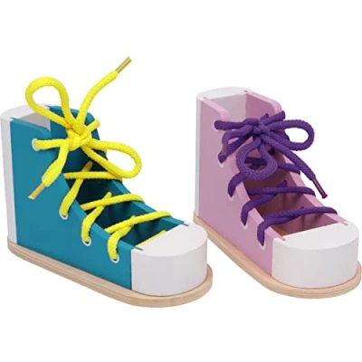Image of small foot 6475 Set of 2 wooden shoes for threading and tying, including matching shoelace, from 3 years