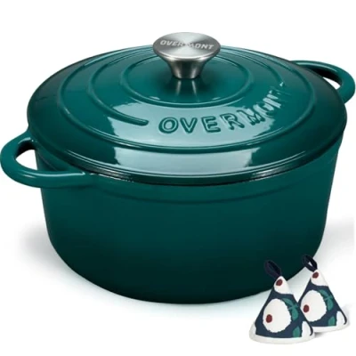 Image of Overmont 6.6L Enamelled Cast Iron Round Casserole Pot With Lid Cookbook &amp; Cotton Potholders Non stick Dutch Oven Cookware for Braising, Stews, Roasting, Bread Baking Sky blue, 28cm