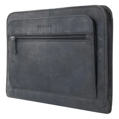 Image of STILORD &#039;Elton&#039; A4 Leather Conference Folder Vintage Portfolio for 13,3 inch MacBook Laptop Case Business Notepad Cover Briefcase Genuine Leather, Colour:Carbon Grey